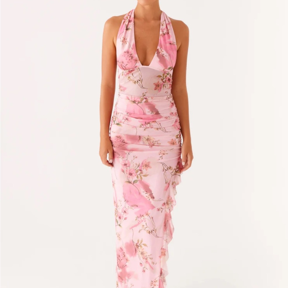Peppermayo Micca Halter Maxi Dress-Pink Floral Print